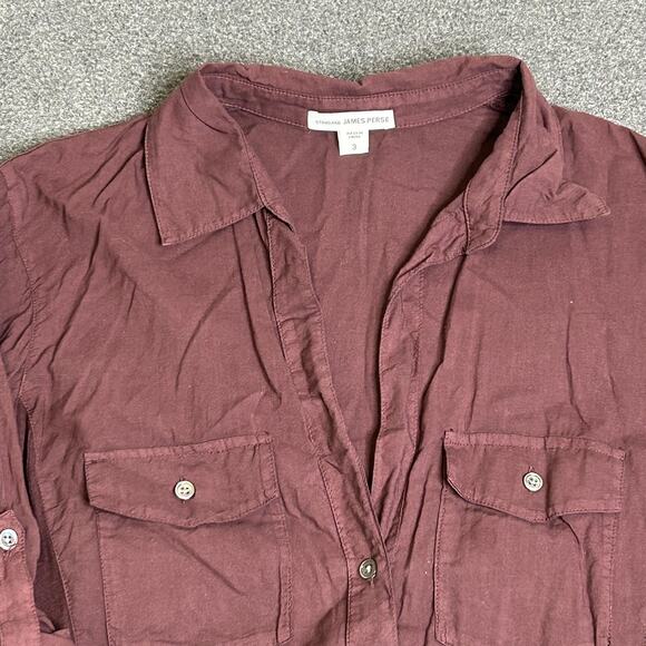 James Perse Shirt Womens 3 Burgundy Button Front Roll Tab Sleeve Cotton Slim Fit - Picture 4 of 10